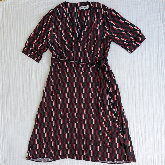 Cefinn Satin Midi Dress 14 Geometric Print V-Neck Waist Tie Work Office Classic - Picture 4 of 13